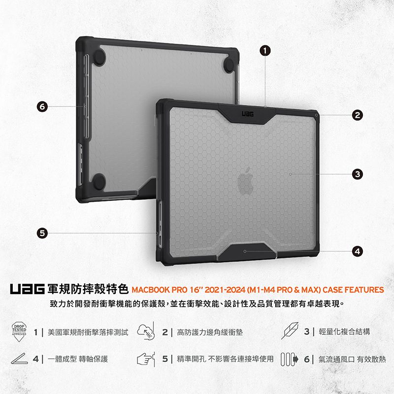 16UBG53 軍規防摔殼特色 MACBOOK PRO 16 2021-2024 (M1-M4 PRO & MAX) CASE FEATURES致力於開發耐衝擊機能的保護殼,並在衝擊效能、設計性及品質管理都有卓越表現。DROPTESTED1 美國軍規耐衝擊落摔測試2 | 高防護力邊角緩衝3| 輕量化複合結構 4| 成型 轉軸保護 精準開孔 不影響各連接埠使用 氣流通風口 有效散熱