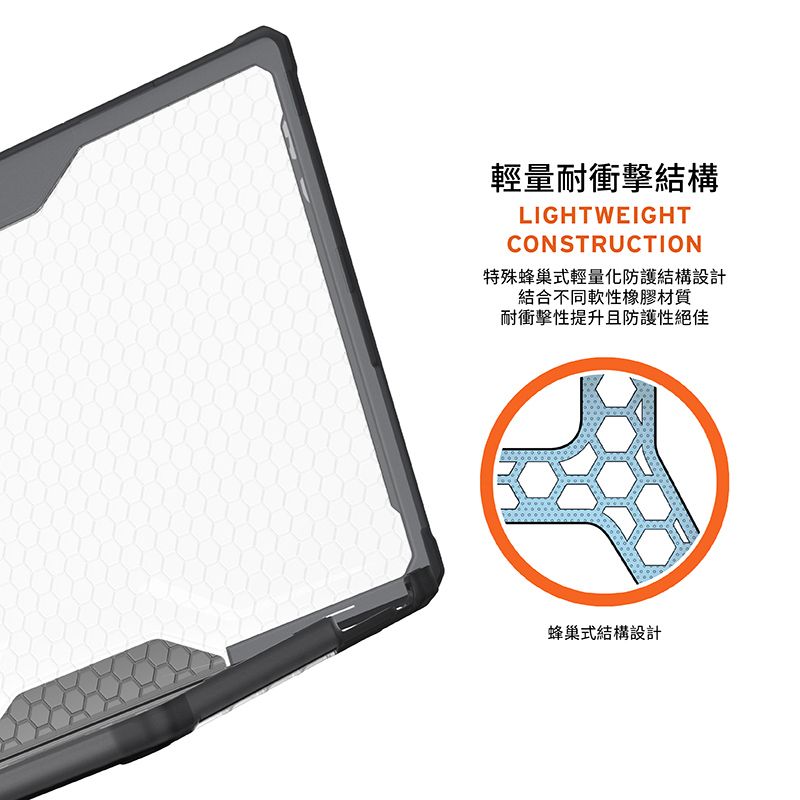 輕量耐衝擊結構LIGHTWEIGHTCONSTRUCTION特殊蜂巢式輕量化防護結構設計結合不同軟性橡膠材質耐衝擊性提升且防護性絕佳蜂巢式結構設計