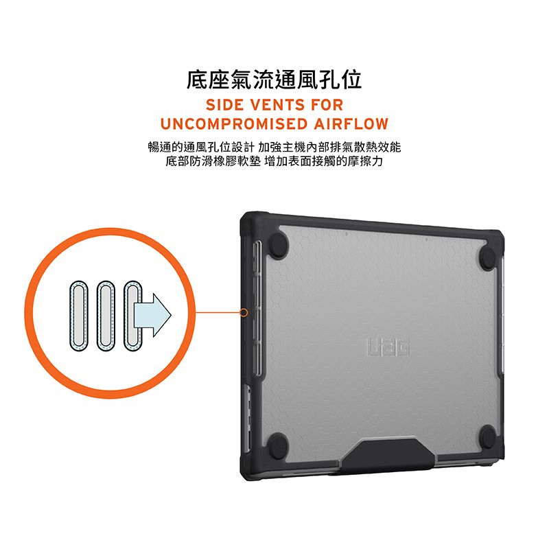 底座氣流通風孔位SIDE VENTS FORUNCOMPROMISED AIRFLOW暢通的通風孔位設計 加強主機內部排氣散熱效能底部防滑橡膠軟墊增加表面接觸的摩擦力