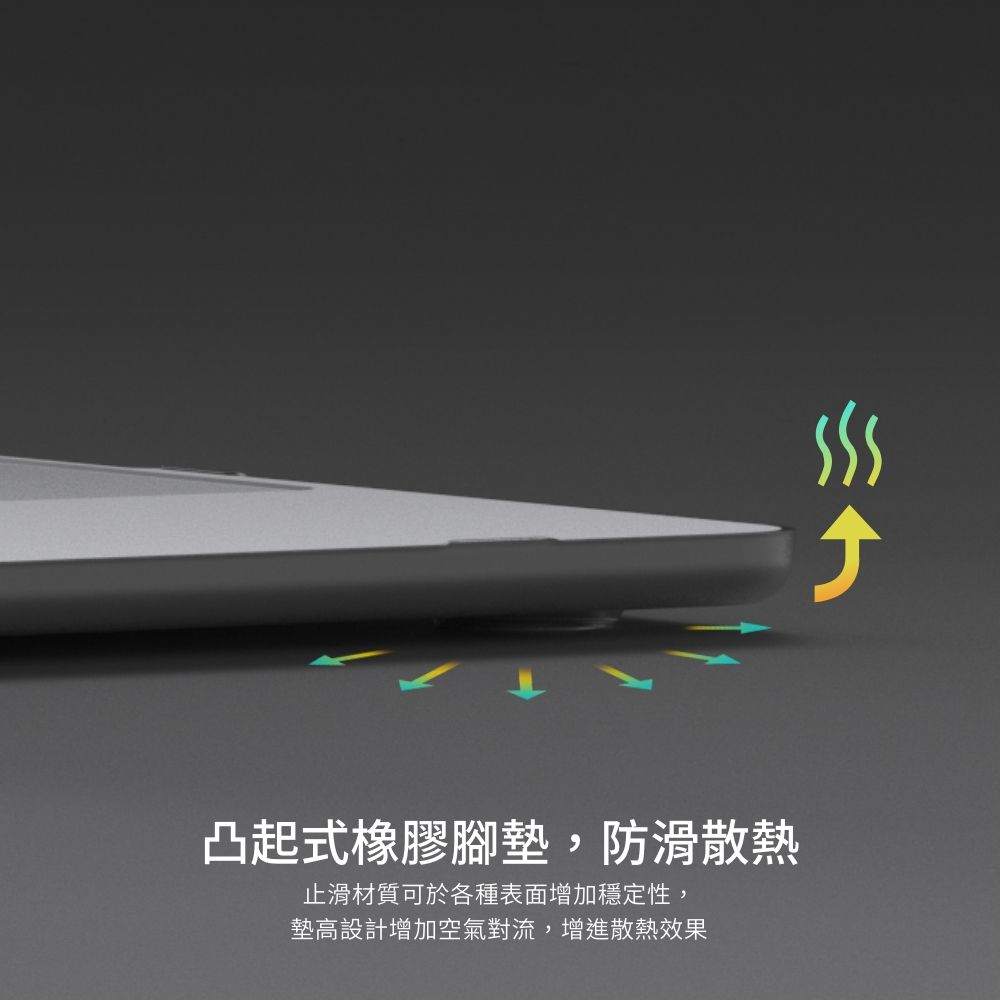 凸起式橡膠腳墊,防滑散熱止滑材質可於各種表面增加穩定性,墊高設計增加空氣對流,增進散熱效果
