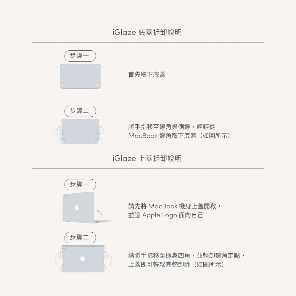 iGlaze 底蓋拆卸說明步驟一首先取下底蓋步驟二將手指移至邊角與側邊,輕輕從MacBook 邊角取下底蓋(如圖所示)iGlaze 上蓋拆卸說明步驟一步驟二請先將 MacBook 機身上蓋開啟,並讓 Apple Logo 面向自己請將手指移至機身四角,並輕卸邊角定點,上蓋即可輕鬆完整卸除(如圖所示)