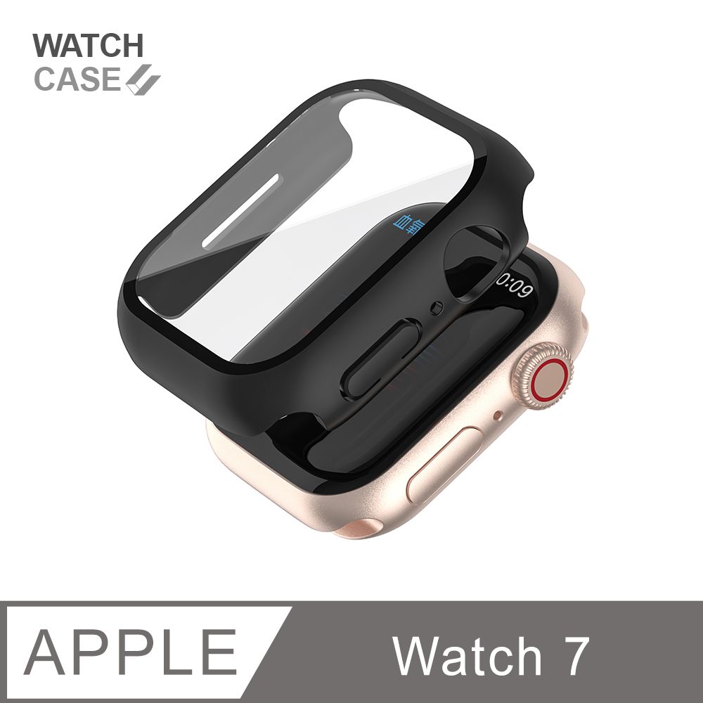  Apple Watch 7 保護殼 簡約輕薄 防撞 防摔 錶殼 鋼化玻璃 二合一 適用蘋果手錶 - 暗夜黑