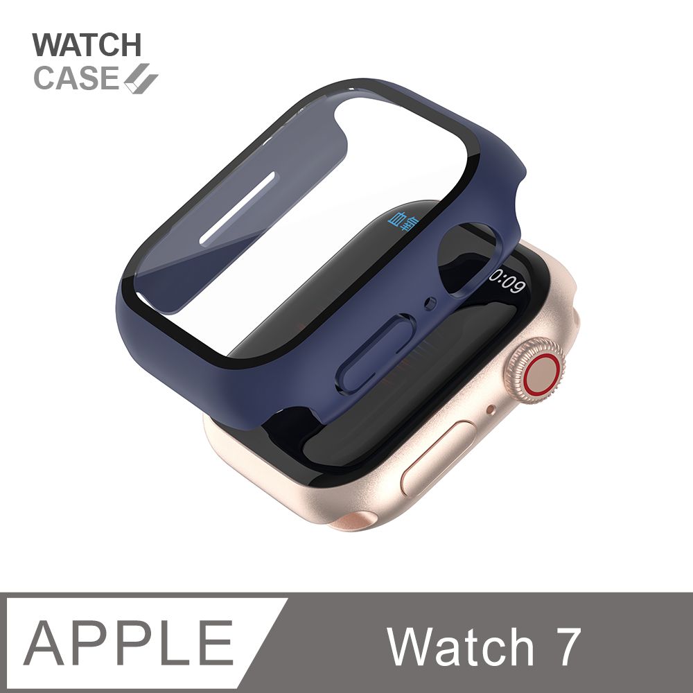  Apple Watch 7 保護殼 簡約輕薄 防撞 防摔 錶殼 鋼化玻璃 二合一 適用蘋果手錶 - 午夜藍