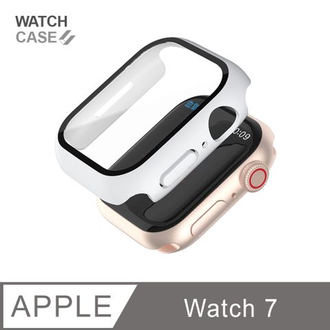 Apple Watch 7 保護殼 簡約輕薄 防撞 防摔 錶殼 鋼化玻璃 二合一 適用蘋果手錶 - 冬日白鋼化玻璃+邊框全包覆，絕佳防護