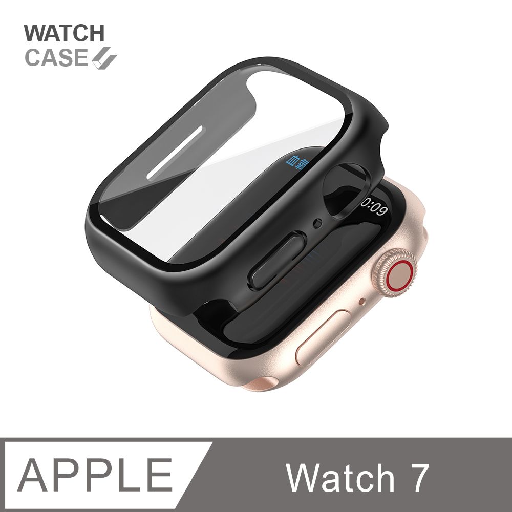  Apple Watch 7 保護殼 簡約輕薄 防撞 防摔 錶殼 鋼化玻璃 二合一 適用蘋果手錶 - 曜石黑