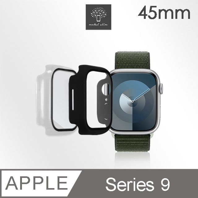 Metal-Slim Apple Watch Series 9 45mm 鋼化玻璃+PC 雙料全包覆防摔保護殼