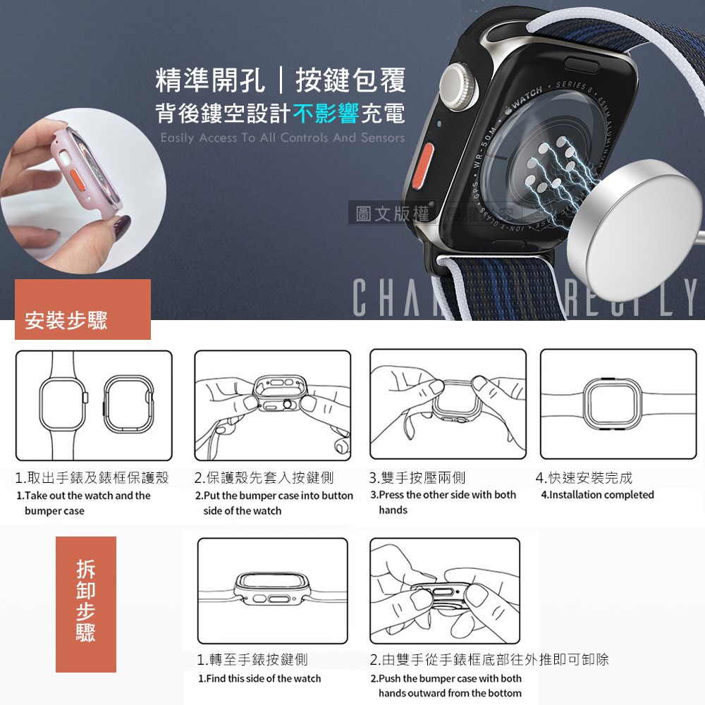 精準開孔|按鍵包覆背後鏤空設計不影響充電Easily Access To All Controls And Sensors圖文版權50M WATCHSERIES安裝1.取出手錶及錶框保護殼1.Take out the watch and thebumper case2.保護殼先套入按鍵側2.Put the bumper case into buttonside of the watch3.雙手按壓兩側3.Press the other side with bothhands4.快速安裝完成4.Installation completed步驟1.轉至手錶按鍵側1.Find this side of the watch2.由雙手從手錶框底部往外推即可卸除2.Push the bumper case with bothhands outward from the bottom