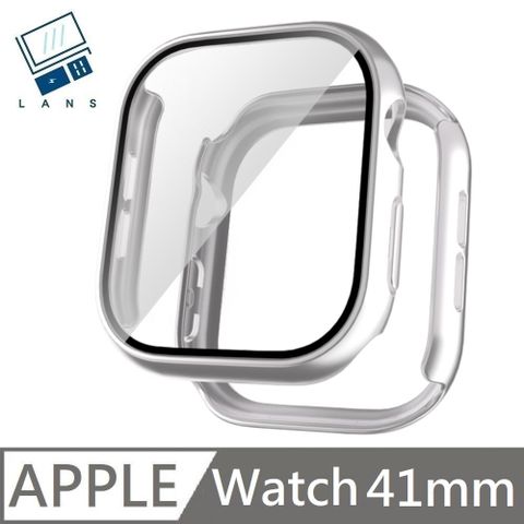 手錶邊框保護殼 內附9H鋼化玻璃貼 殼膜一體式錶框 適用 Apple Watch 41mm - 銀色