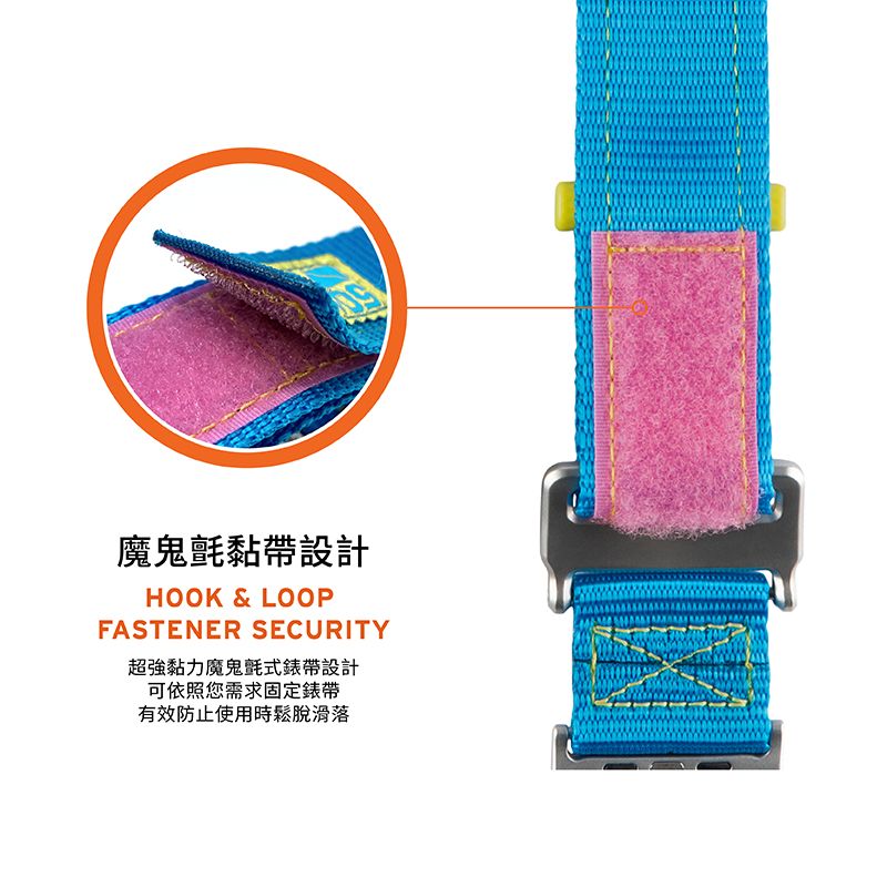 魔鬼氈黏帶設計HOOK & LOOPFASTENER SECURITY超強黏力魔鬼氈式錶帶設計可依照您需求固定錶帶有效防止使用時鬆脫滑落