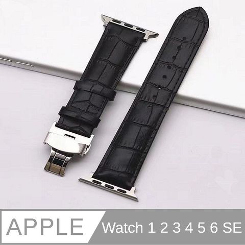 （JIEN HONG）Apple Watch 1/2/3 4 /5 /6/ SE 通用(38mm/40mm)經典 鰐魚紋 蝴蝶釦 牛皮錶帶