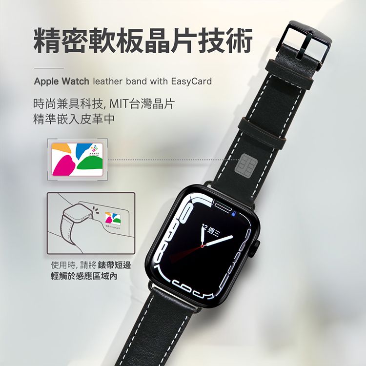 精密軟板晶片技術Apple Watch leather band with EasyCard時尚兼具科技,MIT台灣晶片精準嵌入皮革中使用時,請將錶帶短邊輕觸於感應區域內12 週三