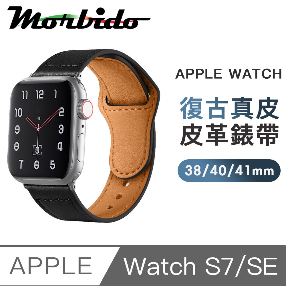 Morbido 蒙彼多  Apple Watch S7/SE 38/40/41mm復古真皮革錶帶 黑色