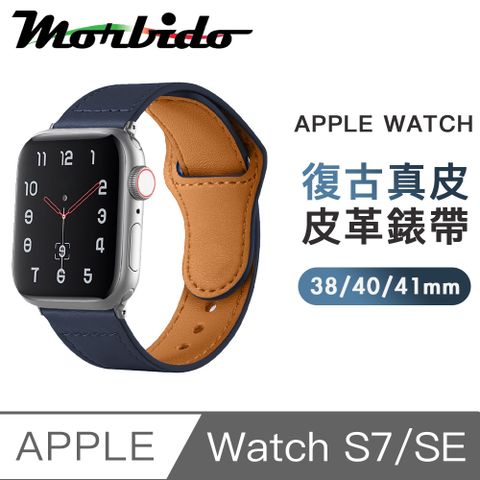 快捷卡扣設計，便捷好拆卸蒙彼多 Apple Watch S7/SE 38/40/41mm復古真皮革錶帶 深藍