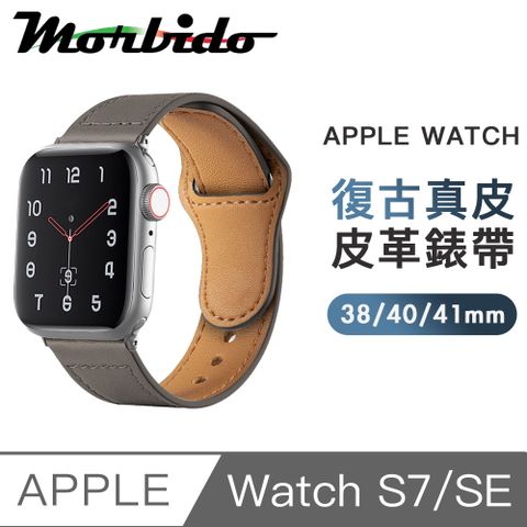 快捷卡扣設計，便捷好拆卸蒙彼多 Apple Watch S7/SE 38/40/41mm復古真皮革錶帶 灰色