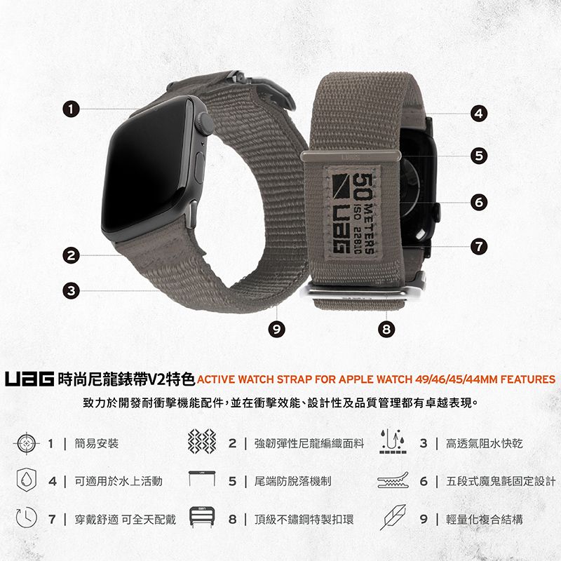 950 METERS 22810857 時尚尼龍錶帶V2特色 ACTIVE WATCH STRAP FOR APPLE WATCH 49/46/45/44MM FEATRES致力於開發耐衝擊機能配件,並在衝擊效能、設計性及品質管理都有卓越表現。1  簡易安裝2 強韌彈性尼龍編織面料 U 3 高透氣阻水快乾 4 可適用於水上活動5 | 尾端防脫落機制6 | 五段式魔鬼氈固定設計  穿戴舒適可全天配戴8| 頂級不鏽鋼特製扣環9| 輕量化複合結構