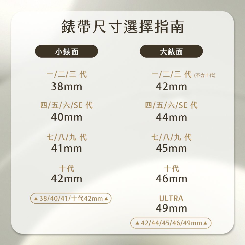 錶帶尺寸選擇指南小錶面大錶面二/三/二/三(不含代)38mm42mm四/五/六/SE 代四/五/六/SE 代40mm七/八/九代41mm十代42mm38/40/41/十代42mm44mm七/八/九代45mm十代46mmULTRA49mm42/44/45/46/