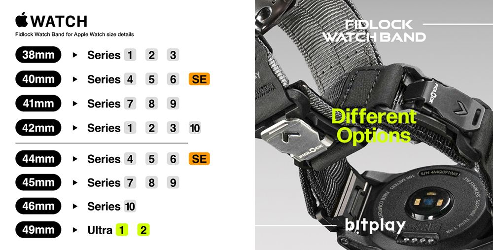 WATCHFidlock Watch Band for Apple Watch size detailsWATCH BAND38mmSeries 12340mmSeries 456SE41mmSeries 78942mm Series 1231044mm Series 456SEFIDLOCK45mm Series 78946mm Series 1049mm Ultra 1 2DifferentOptions 316