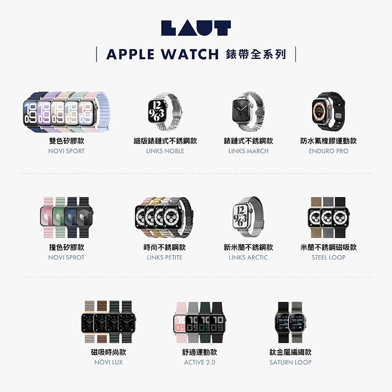 LAUT APPLE WATCH 錶帶全系列 |12雙色矽膠款NOVI SPORT版錶鏈式不銹鋼款LINKS NOBLE錶鏈式不銹鋼款防水氟橡膠運動款LINKS MARCHENDURO PRO1293撞色矽膠款時尚不銹鋼款NOVI SPROTLINKS PETITE新米蘭不銹鋼款LINKS ARCTIC米蘭不銹鋼磁吸款STEEL LOOP 10 10 10 磁吸時尚款舒適運動款鈦金屬編織款NOVI LUXACTIVE 2.0SATURN LOOP