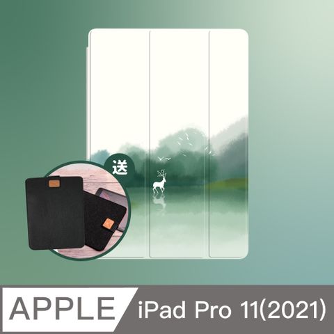 BOJI 波吉 iPad Pro 11(2021) 霧透氣囊保護殼 彩繪圖案款 水墨鹿(三折式/軟殼/內置筆槽/可吸附筆)