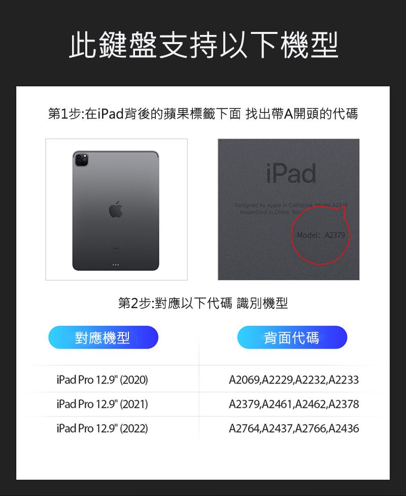 此鍵盤支持以下機型第1步:在iPad背後的蘋果標籤下面找出帶A開頭的代碼iPadDesigned by Apple  California  Assembled in China Model: A2379對應機型第2步:對應以下代碼 識別機型背面代碼iPad Pro 12.9 (2020)A2069A2229,A2232,A2233iPad Pro 12.9 (2021)A2379,A2461,A2462,A2378iPad Pro 12.9 (2022)A2764,A2437,A2766,A2436