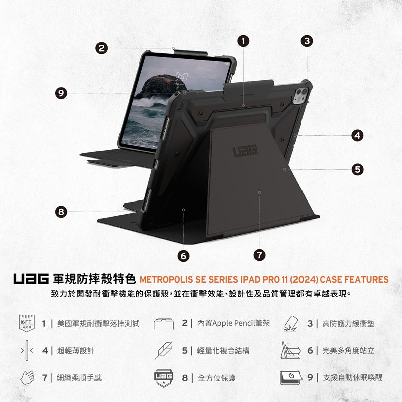 98617345 軍規防摔殼特色 METROPOLIS SE SERIES IPAD PRO 11 (024) CASE FEATURES致力於開發耐衝擊機能的保護殼,並在衝擊效能、設計性及品質管理都有卓越表現。16FT1美國軍規耐衝擊落摔測試2  內置Apple Pencil筆架 2 3 高防護力緩衝墊4| 超輕薄設計5| 輕量化複合結構6| 完美多角度站立7 細緻柔順手感| 全方位保護| 支援自動休眠喚醒