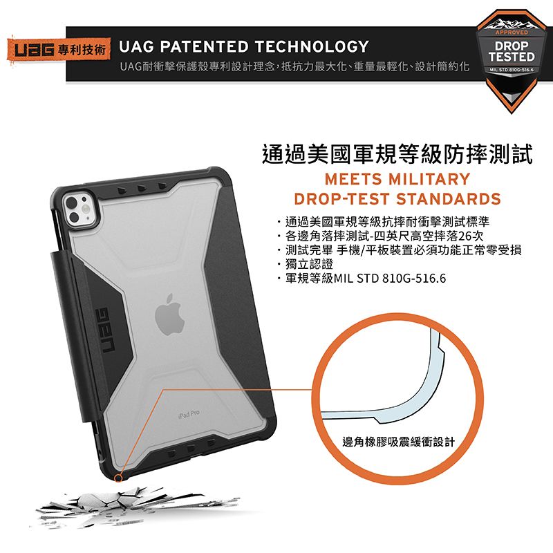 UAG PATENTED TECHNOLOGYUAG耐衝擊保護殼專利設計理念,抵抗力最大化、重量最輕化、設計簡約化APPROVEDDROPTESTEDMIL-516通過美國軍規等級防摔測試MEETS MILITARYDROP-TEST STANDARDS通過美國軍規等級抗摔耐衝擊測試標準各邊角落摔測試-四英尺高空摔落26次 測試完畢 手機/平板裝置必須功能正常零受損獨立認證軍規等級MIL STD 810G-516.6邊角橡膠吸震緩衝設計