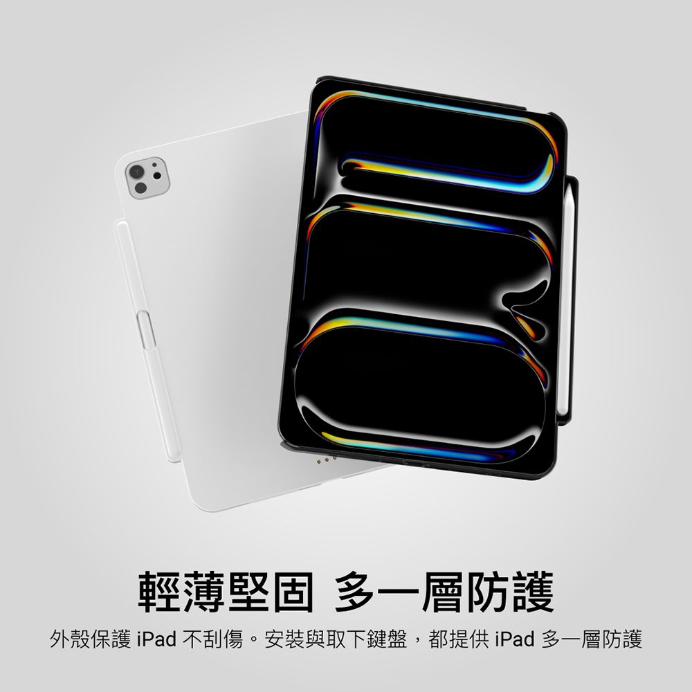 輕薄堅固 多一層防護外殼保護 iPad 不刮傷。安裝與取下鍵盤,都提供iPad多一層防護