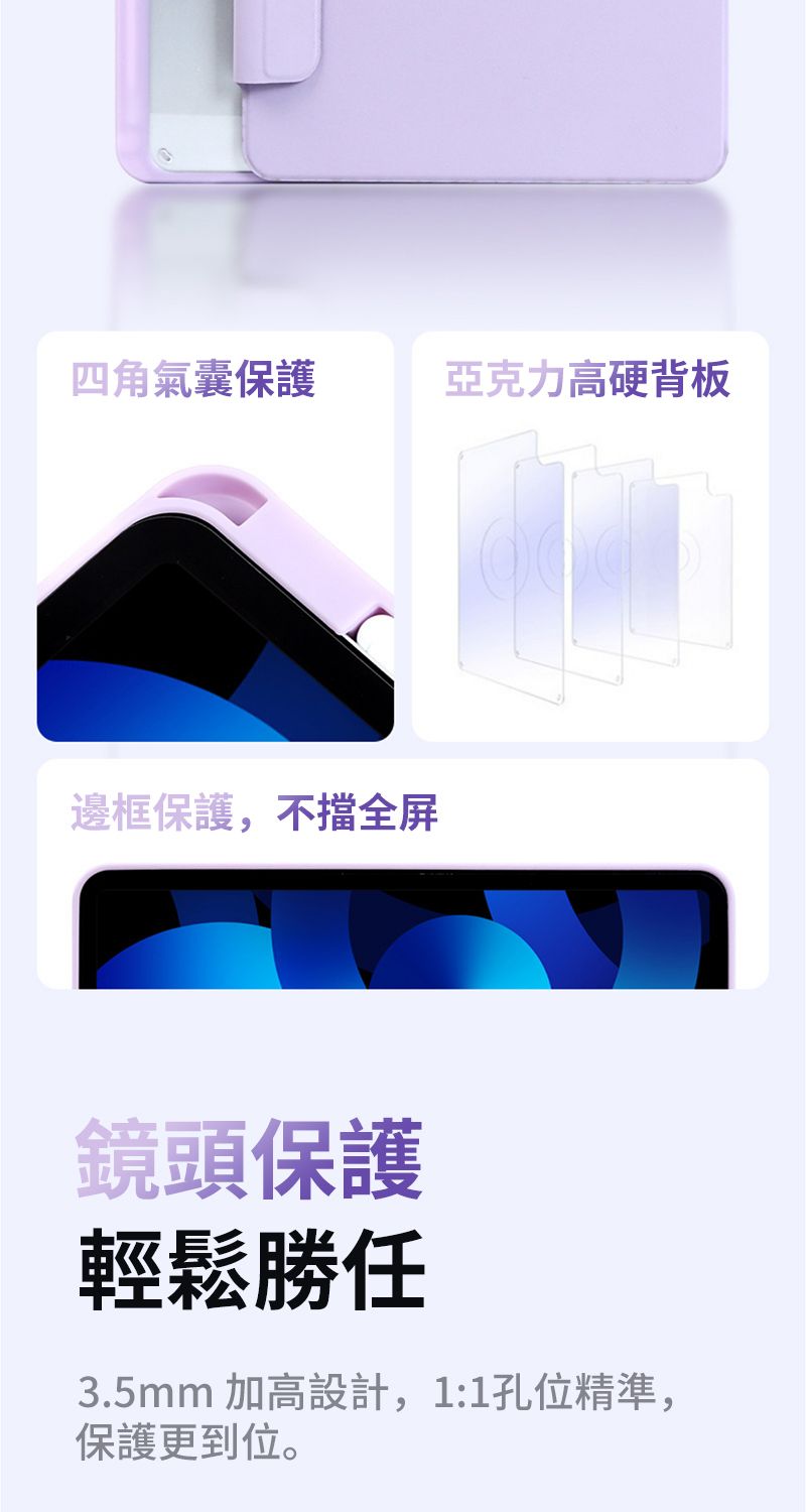 四角氣囊保護亞克力高硬背板邊框保護,不全屏鏡頭保護輕鬆勝任3.5mm 加高設計,1:1孔位精準,保護更到位。