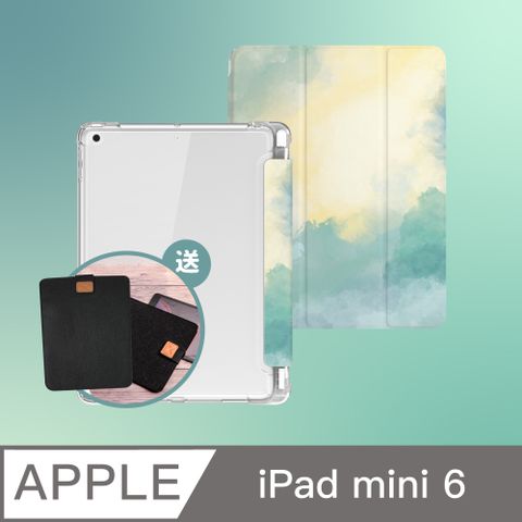 Apple 蘋果 【BOJI波吉】iPad mini 6 8.3吋 氣囊殼 彩繪圖案款-復古水彩綠茵(三折式/軟殼/內置筆槽)