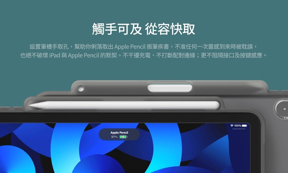 觸手可及 從容快取設置筆槽手取孔,幫助你俐落取出Apple Pencil 振筆疾書,不准任何一次靈感到來時被耽誤,也絕不破壞 iPd 與Apple Pencil 的默契。不干擾充電、不打斷配對連線;更不阻隔接口及按鍵感應。 100%Apple Pencil97%a