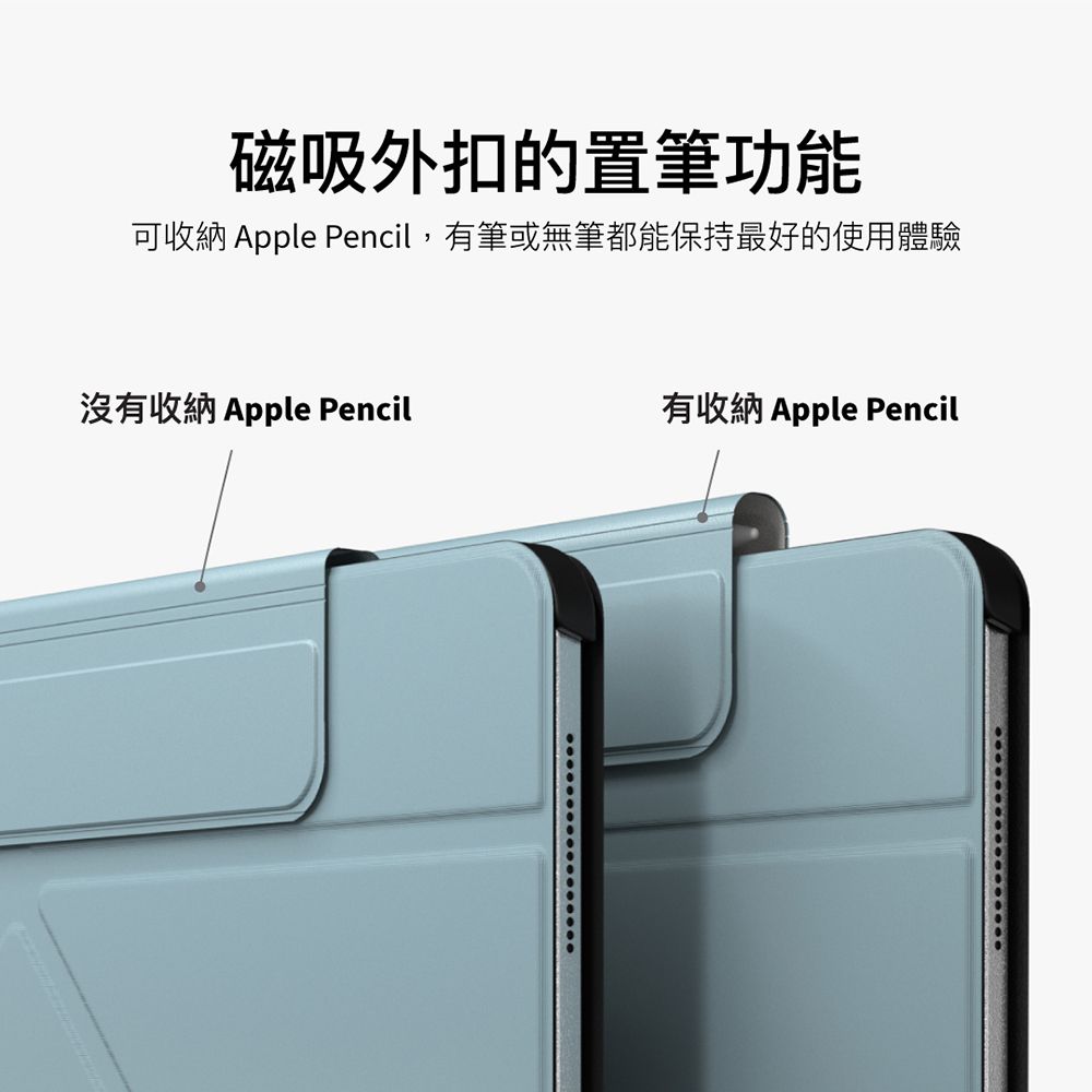 磁吸外扣的置筆功能可收納 Apple Pencil,有筆或無筆都能保持最好的使用體驗沒有收納 Apple Pencil有收納 Apple Pencil