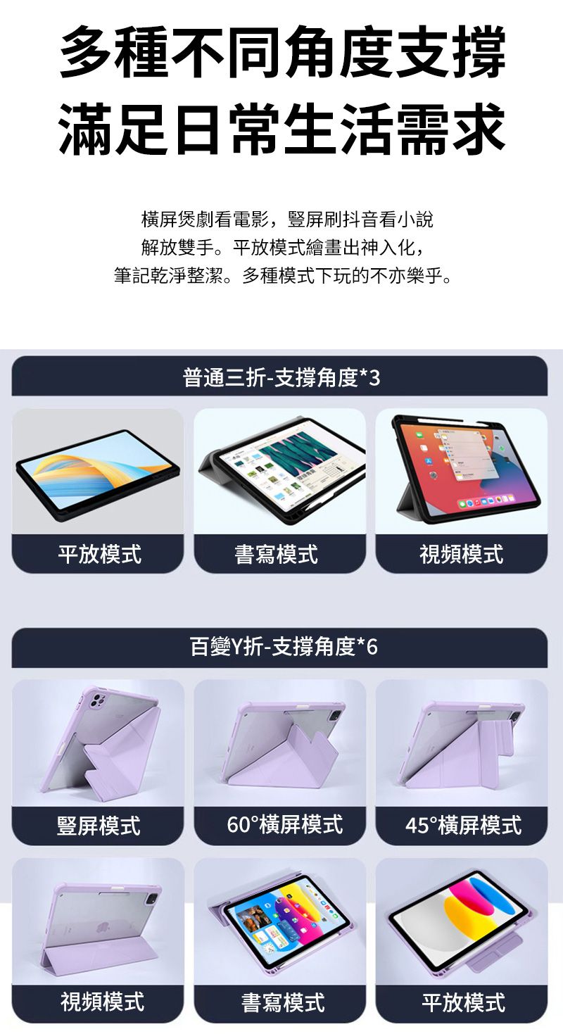 多種不同角度支撐滿足日常生活需求橫屏煲劇看電影,豎屏刷抖音看小說解放雙手。平放模式繪畫出神入化,筆記乾淨整潔。多種模式下玩的不亦樂乎。普通三折-支撐角度*3平放模式書寫模式視頻模式百變Y折-支撐角度*6豎屏模式60°橫屏模式45°橫屏模式視頻模式書寫模式平放模式