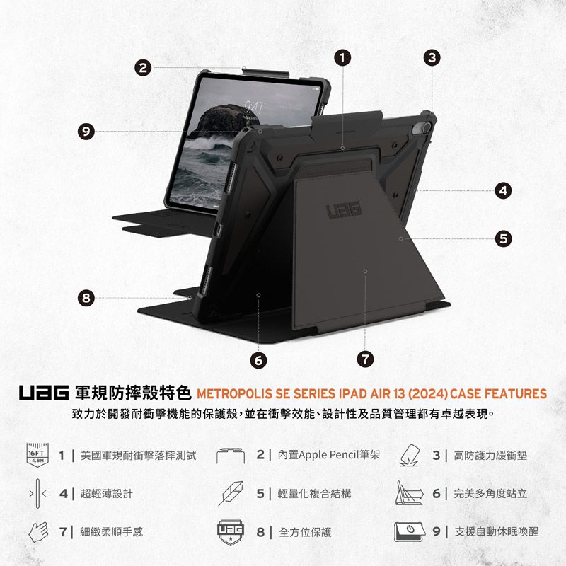98134567 軍規防摔殼特色 METROPOLIS SE SERIES IPAD AIR 13 (024) CASE FEATURES致力於開發耐衝擊機能的保護殼,並在衝擊效能、設計性及品質管理都有卓越表現。16FT1美國軍規耐衝擊落摔測試2  內置Apple Pencil筆架 2 3 高防護力緩衝墊4| 超輕薄設計5| 輕量化複合結構6| 完美多角度站立7 細緻柔順手感| 全方位保護| 支援自動休眠喚醒