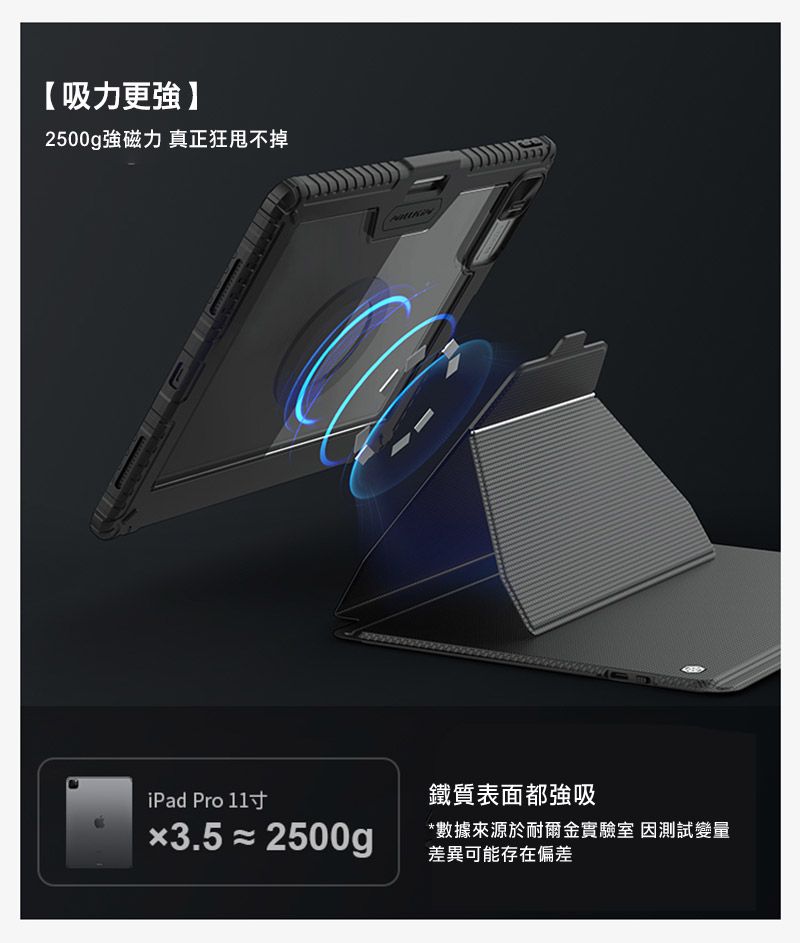 【吸力更強】2500g磁力 真正狂甩不掉iPad Pro 11x3.5≈2500g鐵質表面都強吸*數據來源於耐爾金實驗室 因測試變量差異可能存在偏差