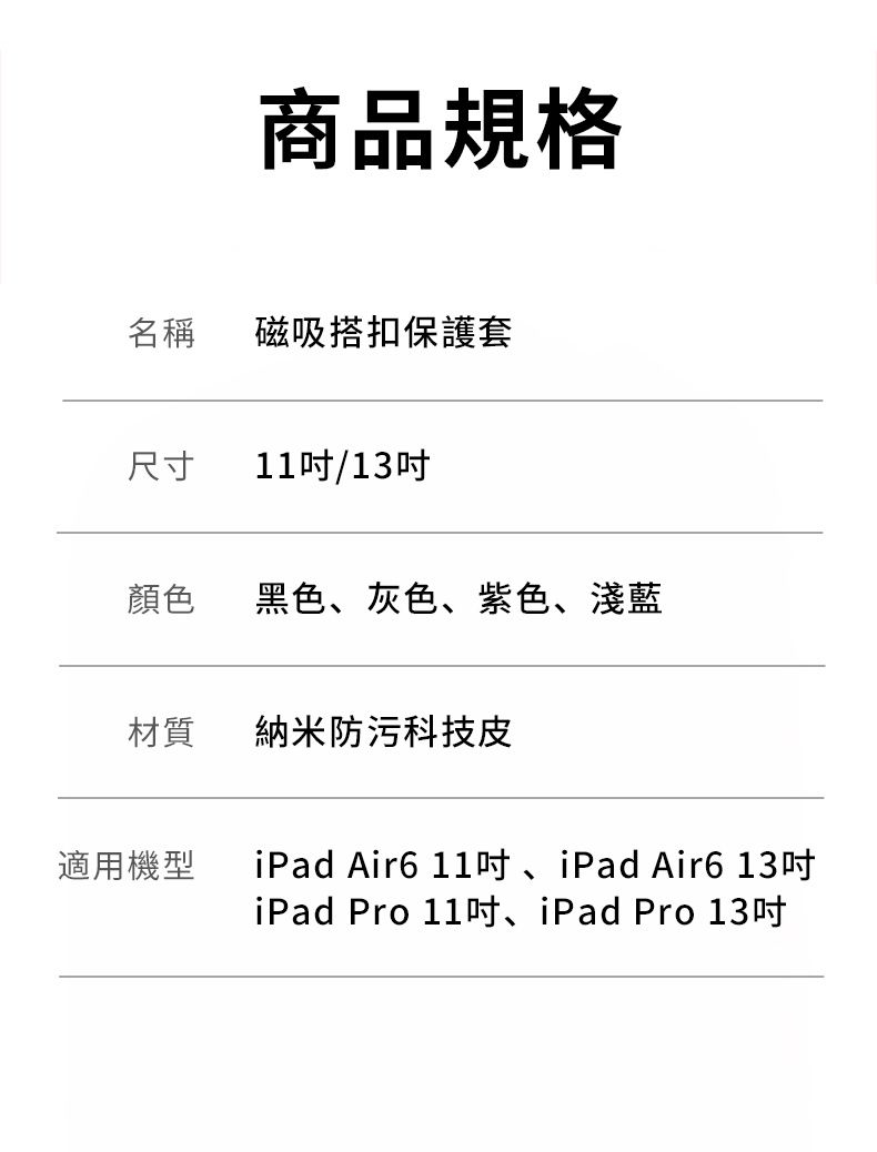 商品規格名稱磁吸搭扣保護套尺寸11/13顏色黑色、灰色、紫色、淺藍材質納米防污科技皮適用機型iPad Air6 11、iPad Air6 13iPad Pro 11、iPad Pro 13