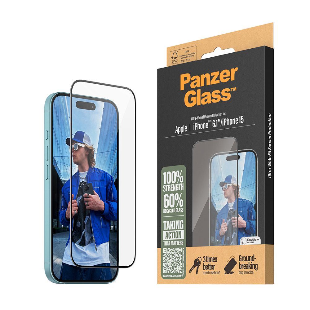 PanzerGlass iPhone 16 6.1吋 Screen Protector 2.5D 耐衝擊鋼化玻璃保貼(60%再生玻璃)