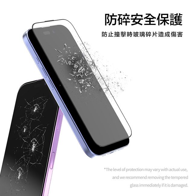 防碎安全保護防止撞擊時玻璃碎片造成傷害The level of protection may vary with actual use,and we recommend removing the temperedglass immediately if it is damaged.