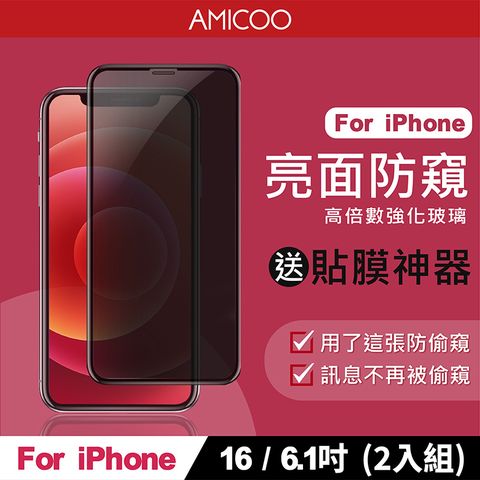 AMICOO iPhone 16 防偷窺 滿版玻璃保護貼 手機保護貼(2入組-送貼膜神器)