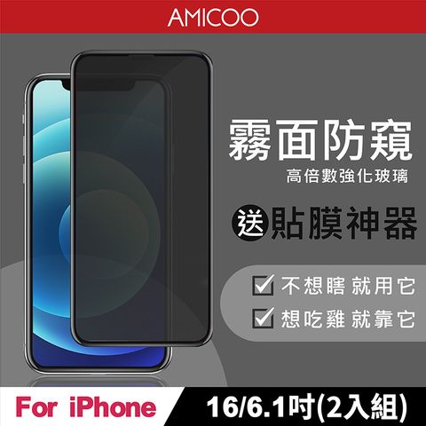 AMICOO iPhone 16 霧面防偷窺 滿版玻璃保護貼(2入組-送貼膜神器)