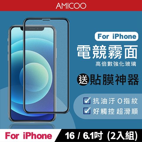 AMICOO iPhone 16 霧面 滿版玻璃保護貼 手機保護貼(2入組-送貼膜神器)