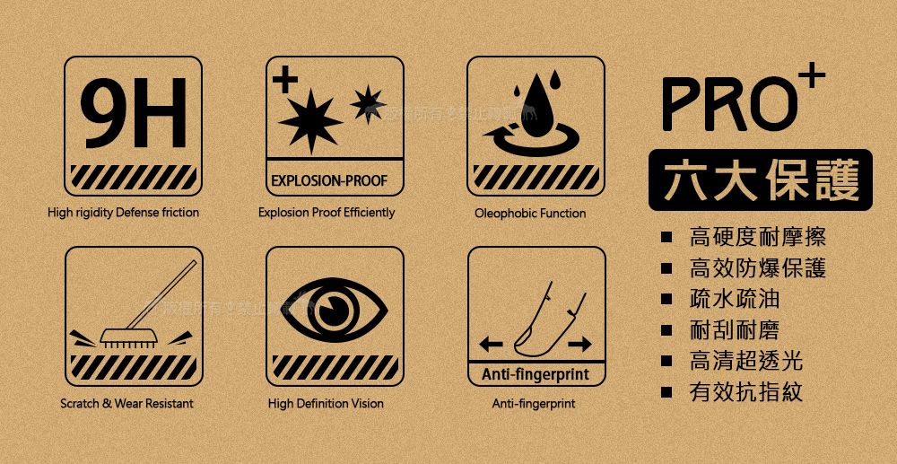 9HEXPLOSION-PROOFHigh rigidity Defense frictionExplosion Proof EfficientlyOleophobic FunctionPRO六大保護 高硬度耐摩擦 高效防爆保護 疏水疏油 耐刮耐磨 高清超透光Anti-fingerprint■ 有效抗指紋Scratch & Wear ResistantHigh Definition VisionAnti-fingerprint