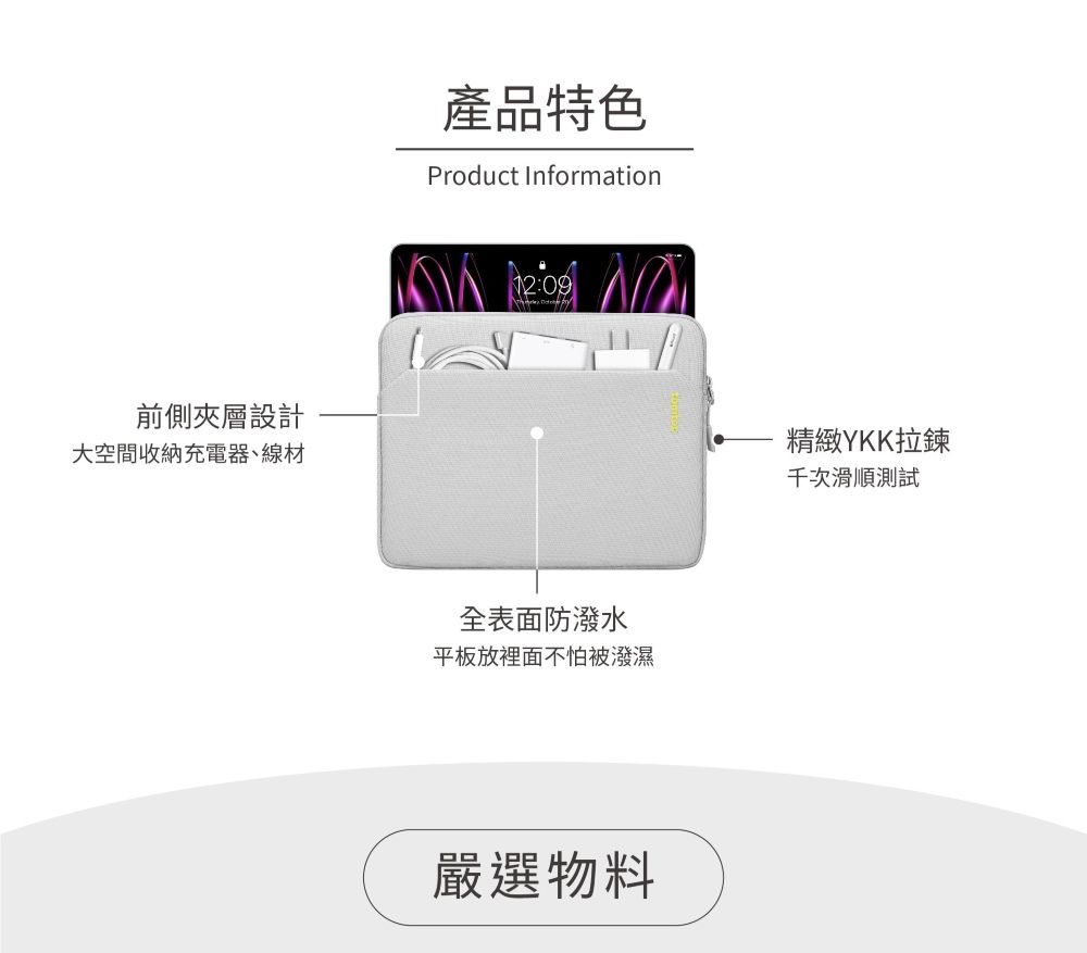 前側夾層設計大空間收納充電器、線材產品特色Product Information全表面防潑水平板放裡面不怕被潑濕嚴選物料精緻YKK拉鍊千次滑順測試