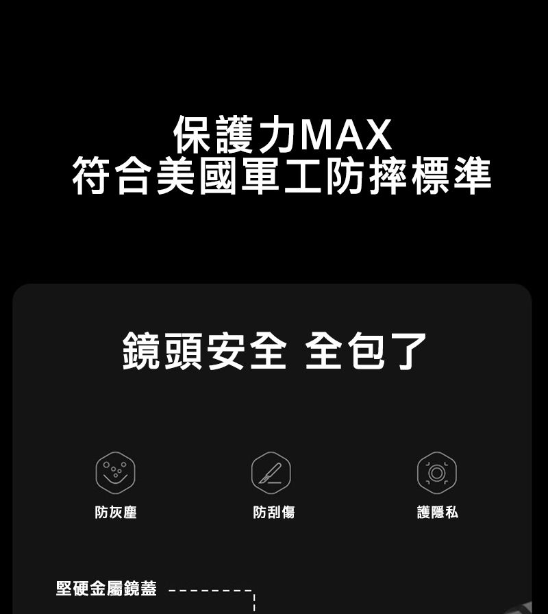 保護力MAX符合美國軍工防摔標準鏡頭安全 全包了防灰塵防刮傷護隱私堅硬金屬鏡蓋