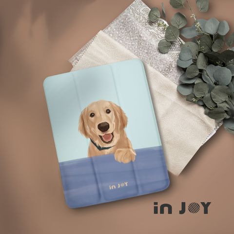 INJOY mall iPad9/iPad10/Air5/Air11/Pro11系列 黑皮黃金獵犬 筆槽平板保護套
