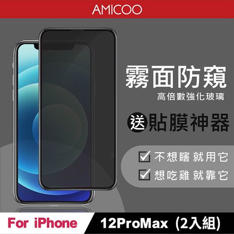 AMICOO iPhone 12 Pro Max 霧面防偷窺 滿版玻璃保護貼(2入組-送貼膜神器)