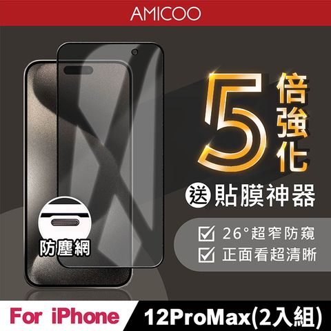 AMICOO iPhone 12 Pro Max 五倍強化 26度防偷窺 滿版玻璃保護貼(2入組-送貼膜神器)