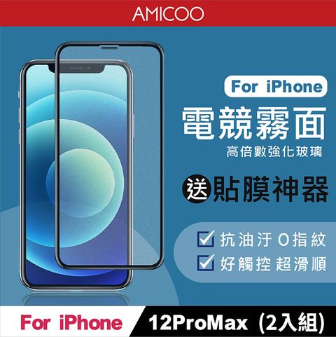 AMICOO iPhone 12 Pro Max 霧面 滿版玻璃保護貼 手機保護貼(2入組-送貼膜神器)