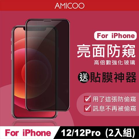 AMICOO iPhone 12 12 Pro 防偷窺 滿版玻璃保護貼 手機保護貼(2入組-送貼膜神器)