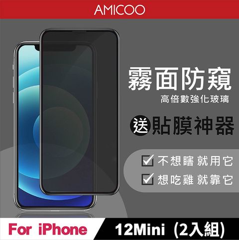 AMICOO iPhone 12 Mini 霧面防偷窺 滿版玻璃保護貼(2入組-送貼膜神器)