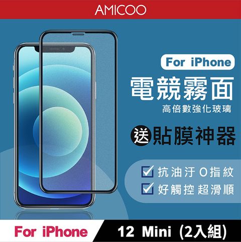 AMICOO iPhone 12 Mini 霧面 滿版玻璃保護貼 手機保護貼(2入組-送貼膜神器)